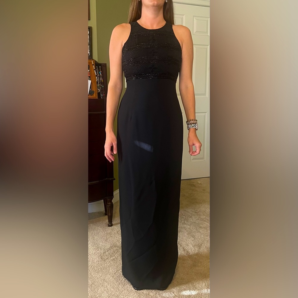 Beautiful black full length dress with beaded bodice straight lines